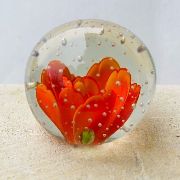 Vintage Orange Flower Bubble Clear Art Glass Round Paper Weight - Picture 5 of 16